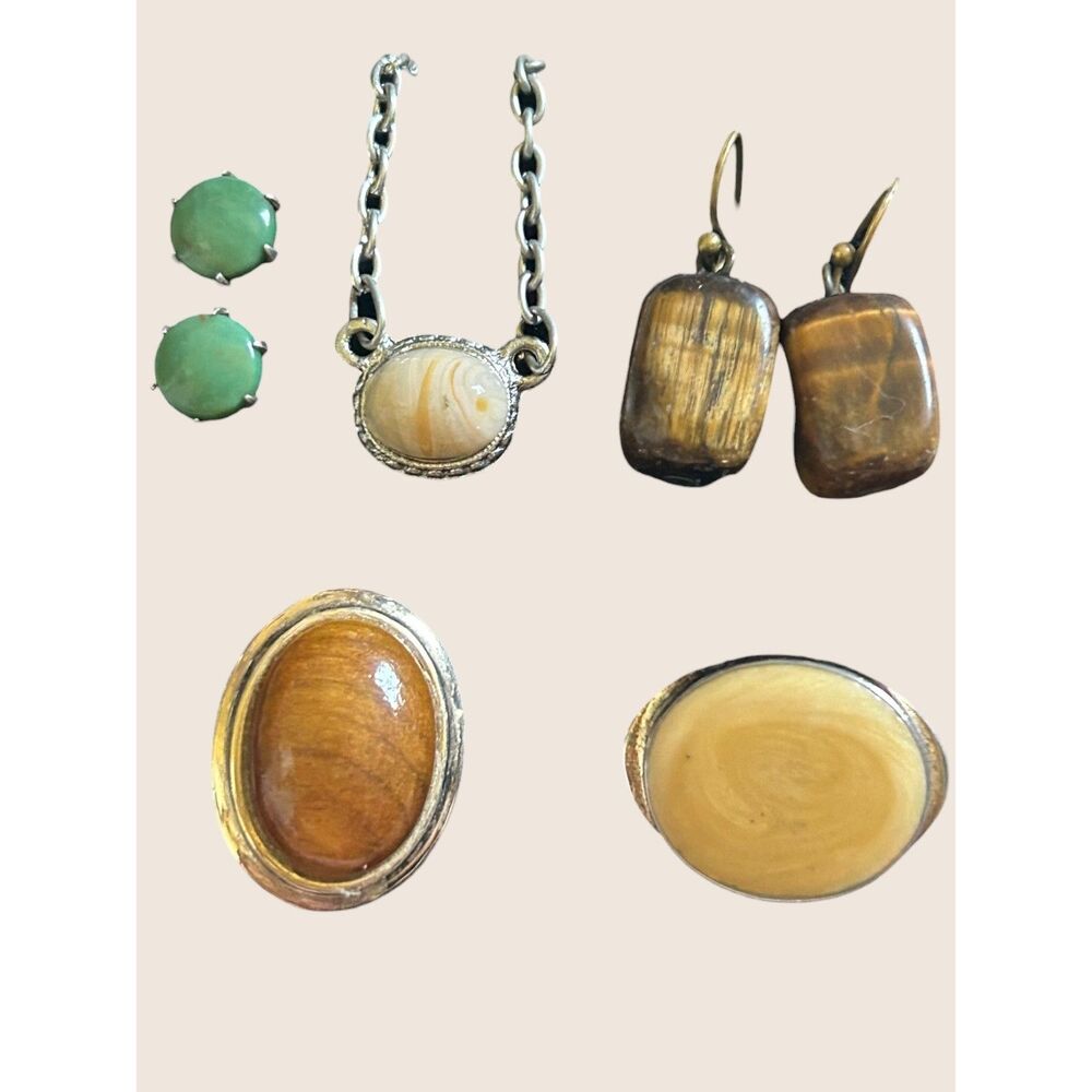 🪨VTG NATURAL STONE JEWELRY TIGER'S EYE AGATE RINGS EARRINGS NECKLACE BUNDLE LOT